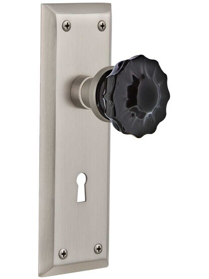 New York Mortise Lock Set with Colored Fluted Crystal Glass Knobs Black in Satin Nickel.